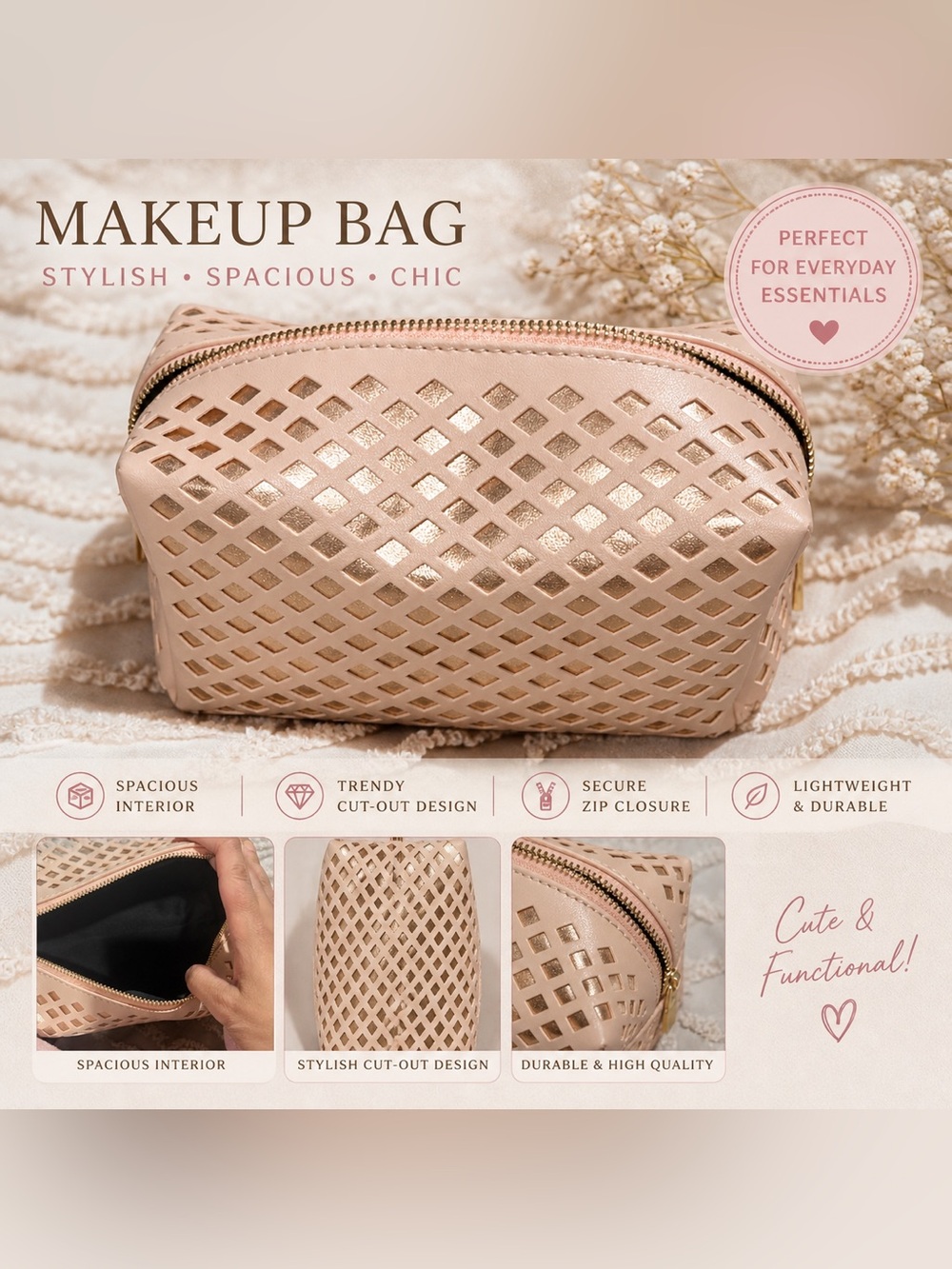 Blush Pink Cutout Makeup Bag | Gold Detail | Cosmetic Pouch | Travel Organizer